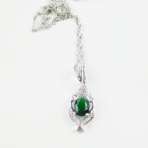 14K White GP CZ Green Emerald Oval Pndant Necklace